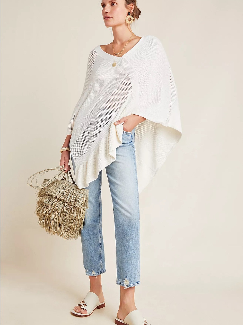 Anthropologie Padma Poncho M/L Ivory Cream Open Knit Asymmetrical Sweater